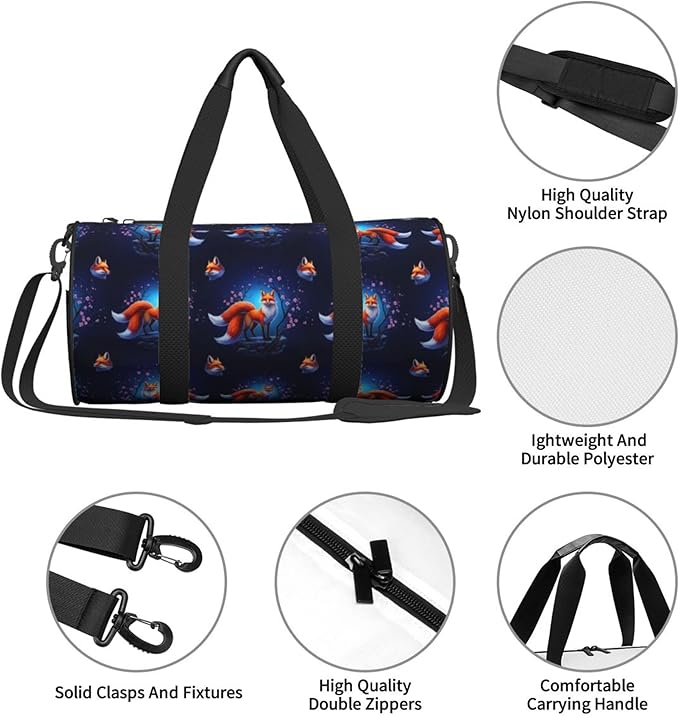 Men Women Gym Duffel Sports Bag Anime Fox, Small with Zipper Pocket for Sport, Travel, Fitness & Workout
