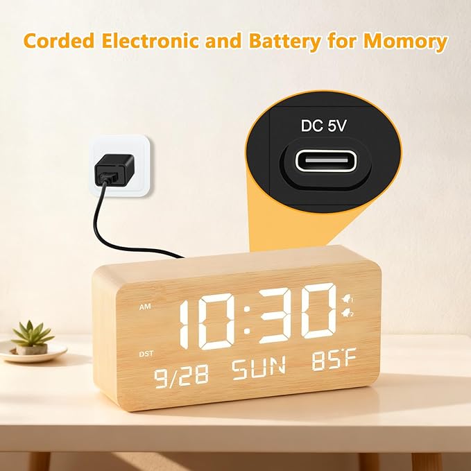Fomobest Wooden Digital Alarm Clock for Bedroom -Desk Clock with Date, Day of Week, Temperature, Dual Alarms, Dimmer, USB Port Charge, DST, Adjustable Volume for Living Room/Office Wood Decor (Bamboo)