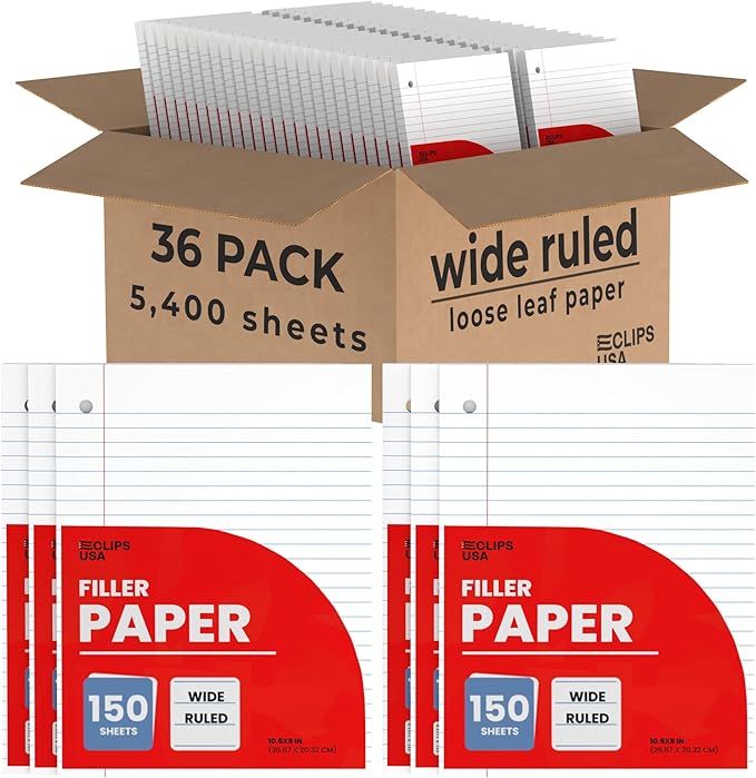 Wide Ruled Loose Leaf Paper Wide Ruled Notebook Paper Lined Writing Filler Paper 10.5” x 8” 56 gsm 5400 Sheets 150 Sheet Per Pack (36 Pack)