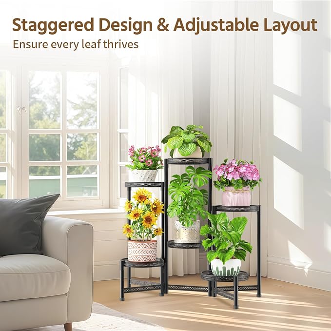 LASZOLA 6 Tiered Folding Tall Plant Stand for Indoor Outdoor Corner, Larger Heavy Duty Metal Adjustable Multiple Rack with 10 Inch Wide Hollow Tray, Flower Planter Holder for Modern House Patio, Black