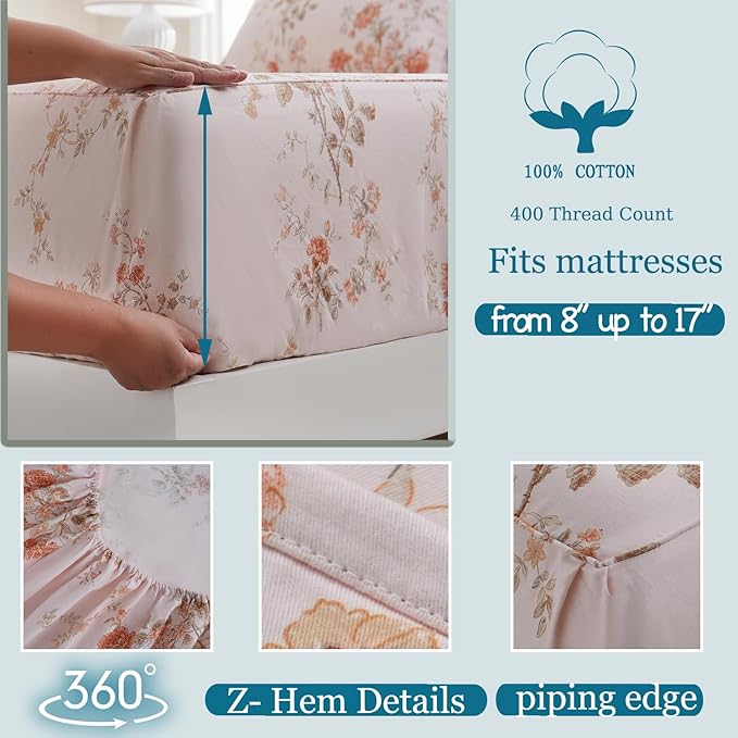 Zusbest Queen Sheet Set 100% Percale Cotton Orange Floral Bed Sheet Set, Brushed for Extra Softness, Luxury Flannel Sheets Like Shabby Vintage Flower Print Deep Pocket Sheets 17.5'' 4 Pcs