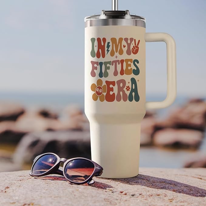 Shqiueos 50th Birthday Gifts for Her 40oz Tumbler with Handle and Straw Lid, 50 Year Old Gifts for Women, Mom, Wife, Sister, Friend, 50s Birthday Decoration-In My Fifties Era Cup Water Bottle