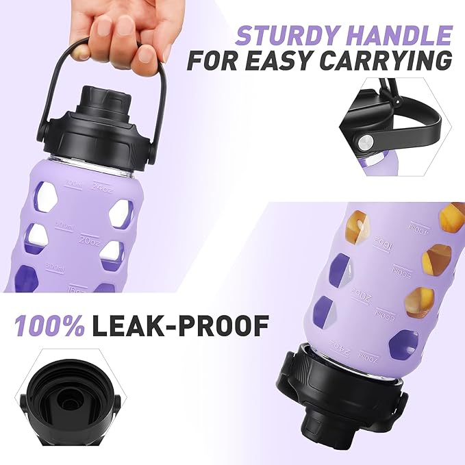 MUKOKO Glass Water Bottles, 24oz Glass Tumbler with Straw, Drinking Bottles with 2 Lids-Handle Spout Lid&Bamboo Straw Lid, Motivational Water Bottle with Time Marker and Silicone Sleeve, 1 Pack-Purple