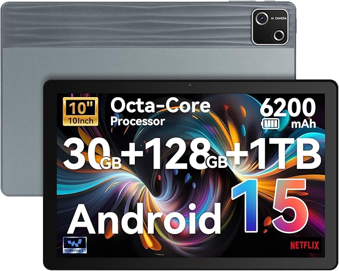 Tablet, 10 inch tablet Android 15 with Octa-core Processor, 30GB+128GB+1TB Expand, 6200mAh, 15W Fast Charge, 1280x800 HD IPS Screen, WiFi 6, BT 5.4, Dual Camera, Widevine L1 support, GMS Certified