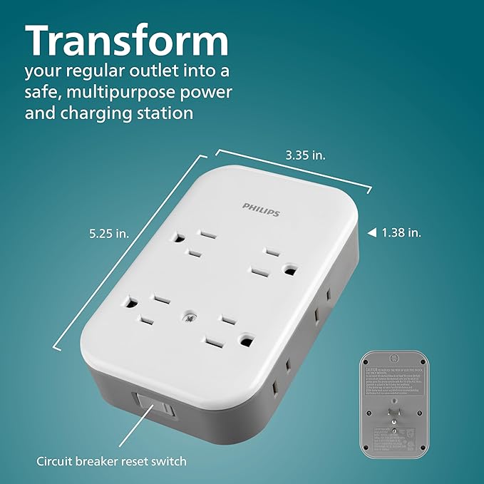 Philips All-in-One Surge Tap with USB, 4 Grounded & 4 Polarized Outlets, 2 USB-C & 1 USB-A Ports, 15W Shared, 1140 Joules, ETL Certified, White/Gray, SPP3155GW/37