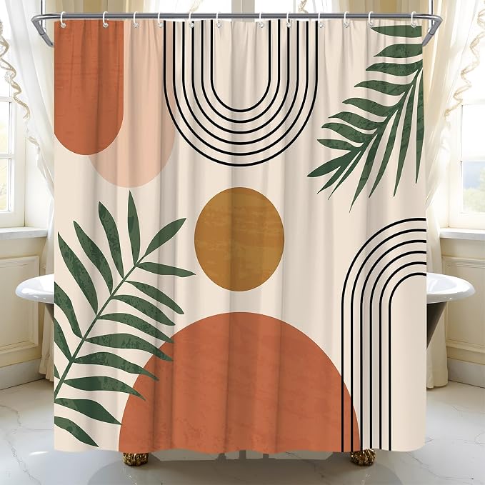 Mid Century Modern Shower Curtain Boho Beige Orange Abstract Retro Aesthetic Fabric for Bathroom Decor Bathtub with Hooks (70" WX78 H)