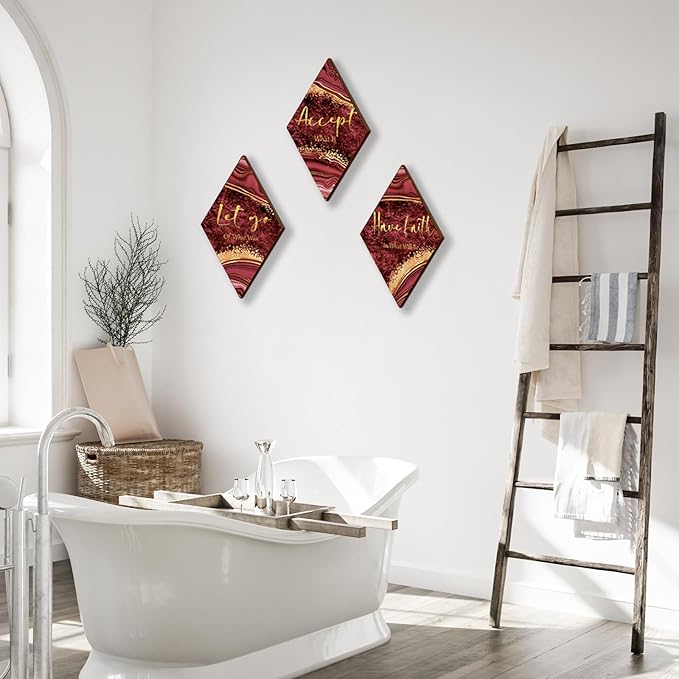 ONIZHITY 3 Pcs Red Gold Bathroom Decor Red Gold Wall Decor with Accept Let Go Have Faith Quote Rustic Vintage Farmhouse Wooden Hanging Signs for Home Living Room Bedroom Office(12x7 Inches)