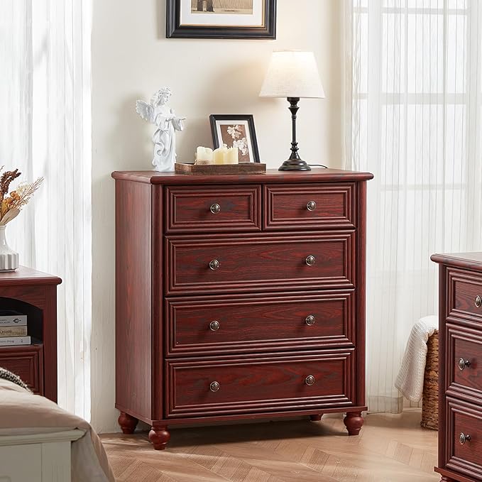 Farmhouse 5 Drawer Dresser for Bedroom, 35.5" Tall Small Dressers & Chest of Drawers, Rustic Wood Dresser with Roman Column, Storage Organizer for Living Room, Hallway, Closet (Red Oak)