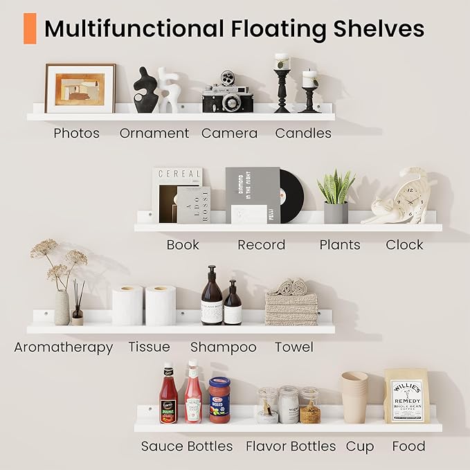 RICHFOCUS Picture Ledge Shelf, 72 inch Floating Shelves Set of 2, Wood Wall Shelves with Lip, Wall Decor Storage for Bedroom Living Room Bathroom Kitchen Nursery Photo Picture, White