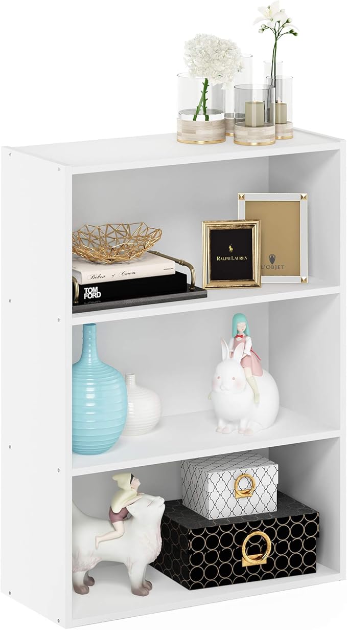 Furinno PASIR Book Shelf, 3-Tier Bookshelf, Storage Shelves Bookcase, 9.7 x 23.7 x 31.5, for Living Room, Bedroom, Home Office, Plain White