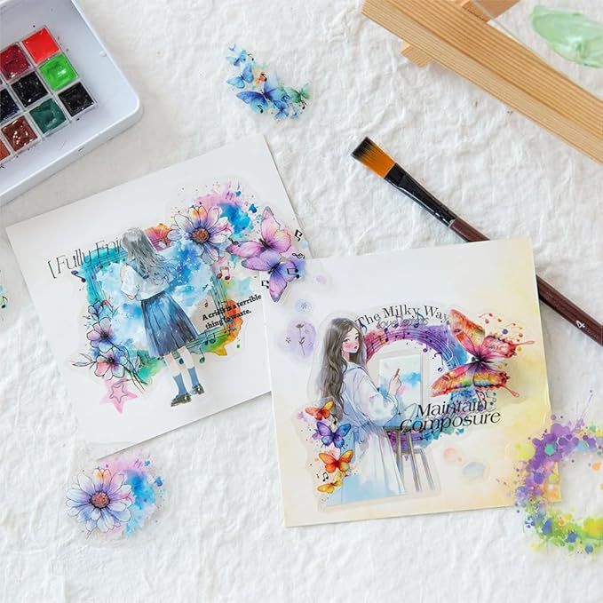 Dwpetzo 120Pcs Watercolor Decorative Stickers for Journaling, 6 Pack Flower Lace Frame Transparent PET Stickers for Scrapbooking, Junk Journal Supplies, Collage, Card Making, Crafts Arts