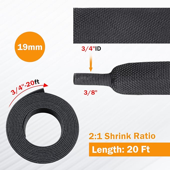 FOURUB 2:1 Ratio Flat Heat Shrinkable Braided Sleeving,Electrical Insulating Tubing,Durable Automotive Fabric Harness Shrinking Sheath (3/4"-20ft)