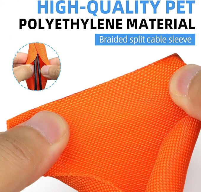 Automotive Wire Loom Tubing, Split Braided Cord Protectors from Pets No Chew, Flexible Cable Sleeve Cable Management for TV/Computer/Electric Wires (Orange, 3/8"-25ft)