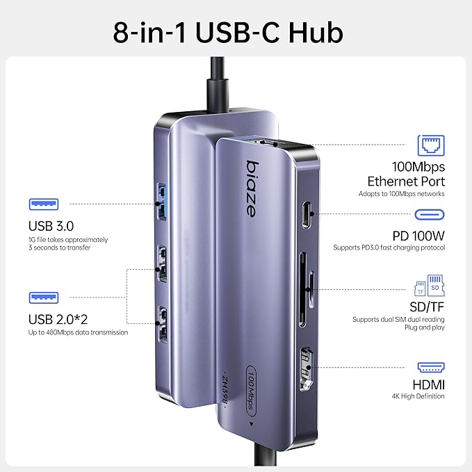 BIAZE 8-in-1 USB C Hub Adapter for MacBook, 4K60Hz HDMI, 100W PD Charging, USB 3.0, USB 2.0 * 2, SD/TF Card Reader, 100M Ethernet, 7 Ports Dongle for MacBook Pro/Air, iPad Pro, iPhone