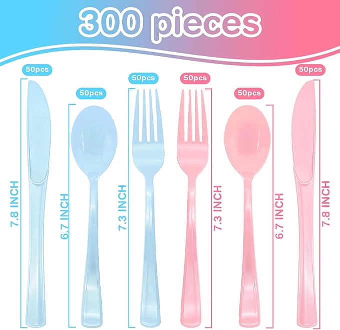 300 PCS Pink and Blue Silverware Heavy Duty 150 Pink Plastic Silverware and 150 Blue Plastic Cutlery Sets- 100 Forks 100 Knives 100 Spoons for Birthday, Baby Shower, Gender Reveal