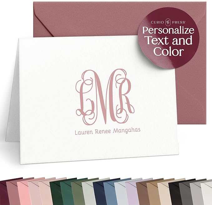 Curio Press Personalized Stationery for Women & Men-Folded Thank You Cards with Custom Notecards, Personalized Note Cards with Envelopes, Name & Initials Monogrammed, Custom Stationery -Vine Mono Fold