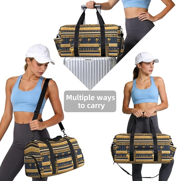 Egyptian Pharaonic Frescoes Print Gym Bag with Shoe Compartment for Women Men, 17.7in Sports Duffle Weekender Tote, Overnight Travel Duffel Bag Carry On