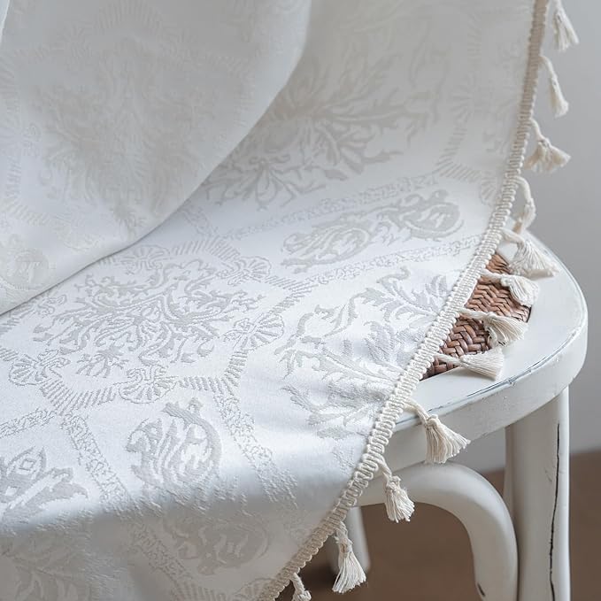 ENJOYBRIDAL Cream Damask 96 Inch Curtains for Living Room Farmhouse Drapes Semi Sheer Medallion Patterned Long Window Curtain Panels Bedroom Jacquard Rod Pocket 2 Panels Dining Room Window Treatments