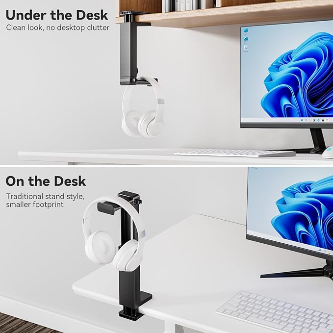 Headphone Stand Under-Desk or Headset Holder Above-Desk, Headphone Hanger & Headset Hook Under Desk Mount with Spring Clamp & Height Adjustable & Cable Clip for Gaming Gift Accessories. PC Game Headsets