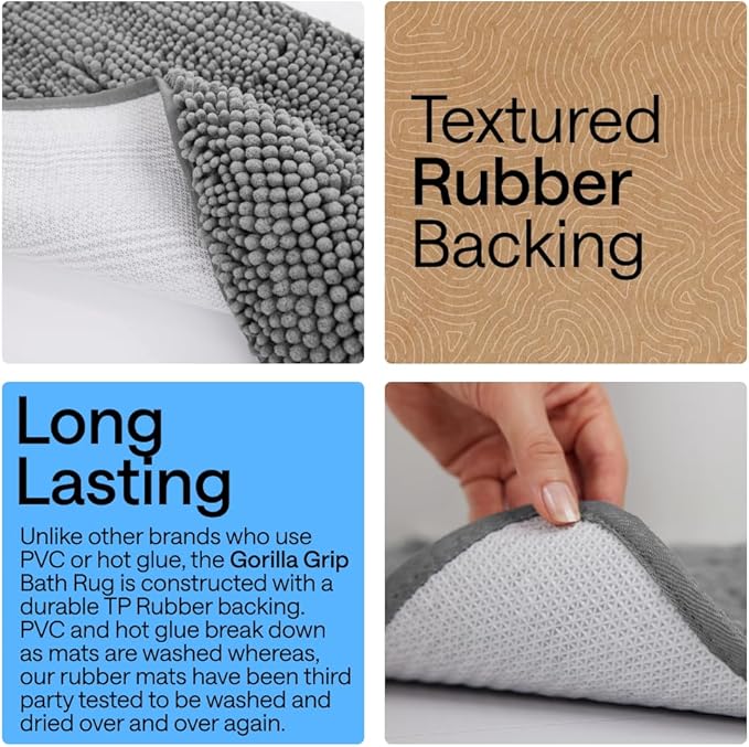GORILLA GRIP Bath Rug Mat 42x24, Thick Soft Absorbent Chenille, Quick Dry Microfiber Mats, Rubber Backing Washable Shower Floor Rugs, Bathmat Runner, US Designed Bathroom Home Decor Accessories Grey