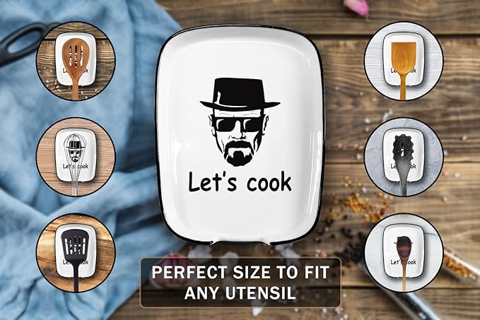 Ceramic Spoon Rest for Kitchen Stove Top Counter, Funny Let's Cook White Spoon Holders for Chef, Modern Farmhouse Kitchen Cute Decor
