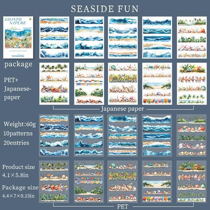 20 Sheets Seaside Landscape Pre-Cut Journaling Stickers Book for Junk Journaling, Scrapbooking, Collage, Planner, Album, Transparent PET and Washi Stickers for Adults
