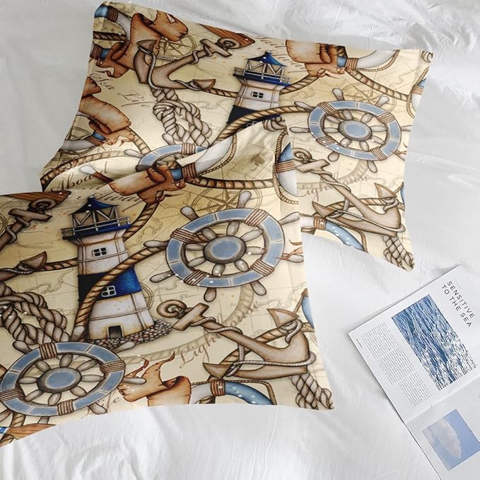 Comforter Set King Size, Retro Nautical Lighthouse Map 7 Pcs Bedding for Kids and Adults, Vintage Anchor Beige Bed Sheet Sets with Fitted Sheet 2 Pillowcase & 2 Sham for Bedroom Bed Decor