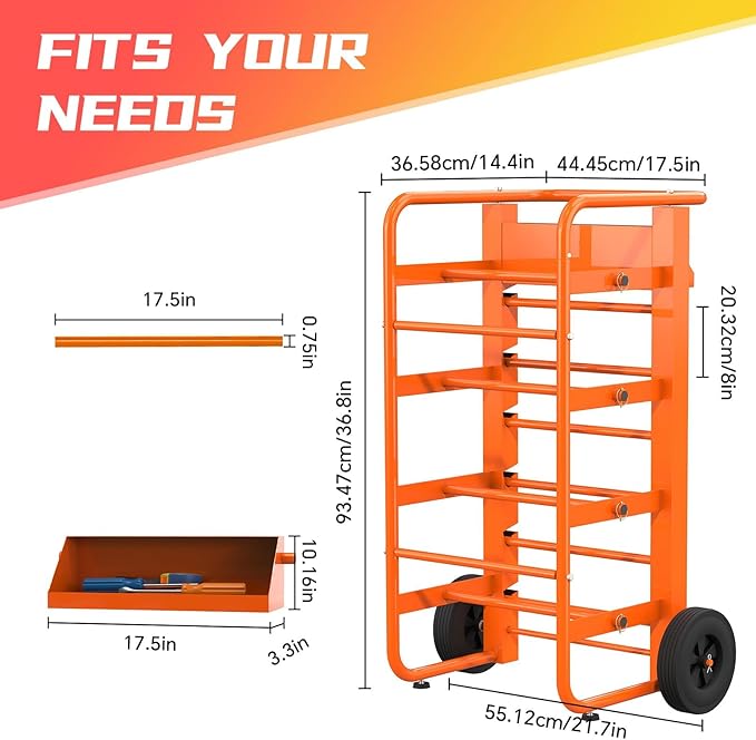 Tredre Wire Spool Rack with Wheels, Heavy Duty Cable Holder with 11 Rods – Mobile Multi-Spool Wire Rack Dispenser with Wheels and Storage Box for Efficient Workplace Cable Management, Orange