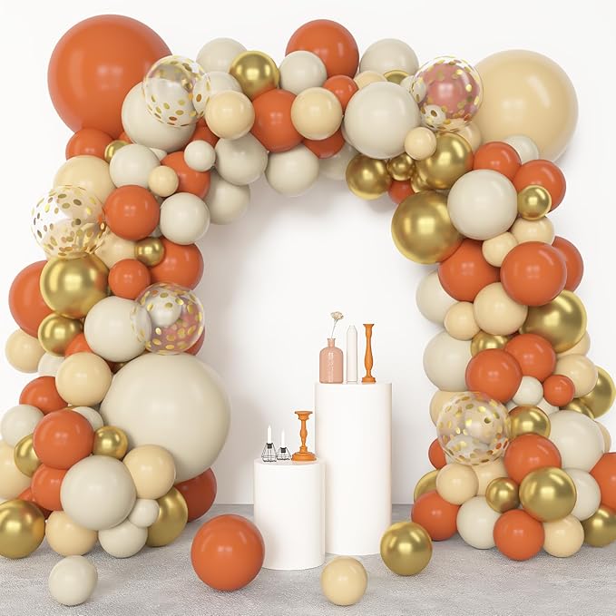 Amandir 153pcs Orange Balloon Arch Garland Kit, Different Sizes 18 12 10 5inch Latex Metallic Gold Confetti White Sand Pastel Orange Fall Balloons for Pumpkin Baby Shower Birthday Party Decorations
