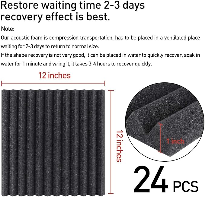 Focusound 24 Pack Black Grey Acoustic Foam Panels 1" x 12" x 12" Sound Proof Foam Panles Soundproofing Noise Cancelling Wedge Panels for Home Office Recoding Studio with 240PCS Double-Side Adhesive