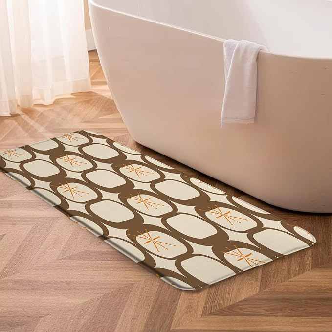 Mid Century Modern Bath Mat Abstract Atomic Geometric Retro 1950s Brown Bathroom Kitchen Toilet Rugs,24x48 Inch