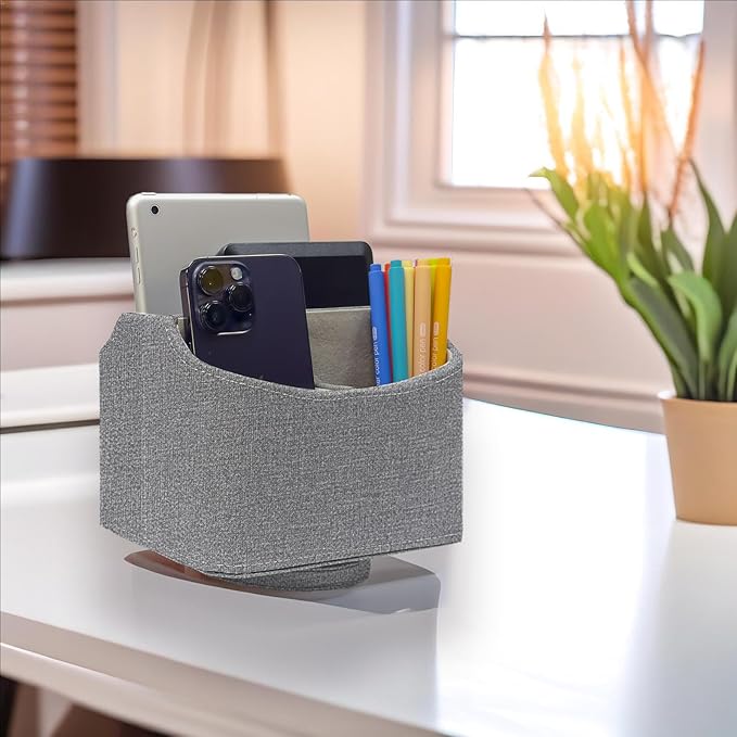 UnionBasic Rotating Desk Organizer, 360 Degree Desk Spinning Caddy, Desktop TV Guide/Mail/Media/Remote Controller Holder Organizer, Grey Linen Texture