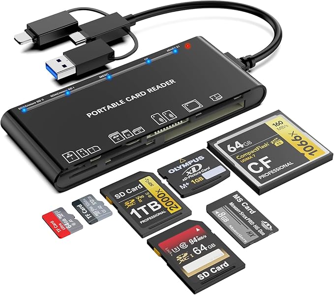 USB 3.0 Multi Card Reader for SD/Micro SD/TF/XD/CF/MS - 7-in-1 Memory Card Reader/Adapter for Windows, Mac, Linux (USB-A + USB-C + IP)