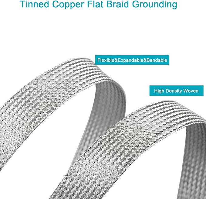EMI RFI Shielding Wire Loom Metal Tinned Copper Grounding Braided Sheathing Cable Sleeve Mesh ESD Protection Flat Tubular Expandable (1/2" W(0.32" ID)-24FT)