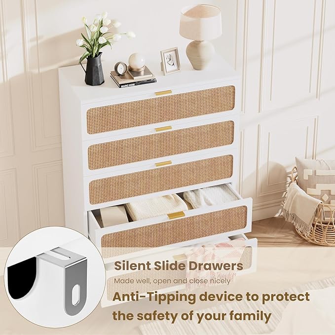 Garvee Rattan Dresser with 5 Drawers, Tall Modern Closet with Deep Storage, Large Chest of Drawers with Wide Top, Long Wooden Dresser for Bedroom, Living Room, Hallway, Kids Room, White