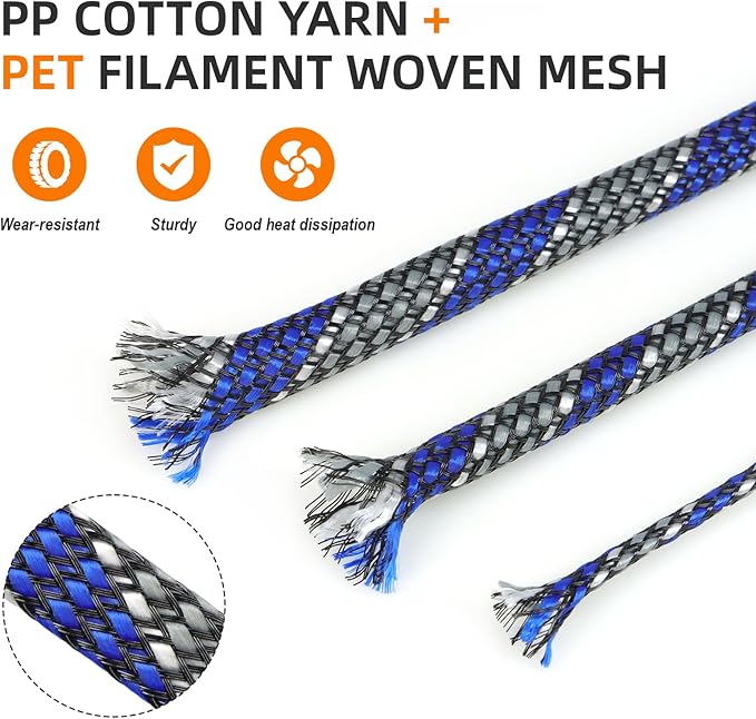 Braided Expandable Cable Sleeve, 25ft PP Cotton and PET Braided Cable Management, Flexible Mesh Wire Loom and Cable Protector for TV, Computer, Home Theater, Automotive (Blue White Grey, 1/2")