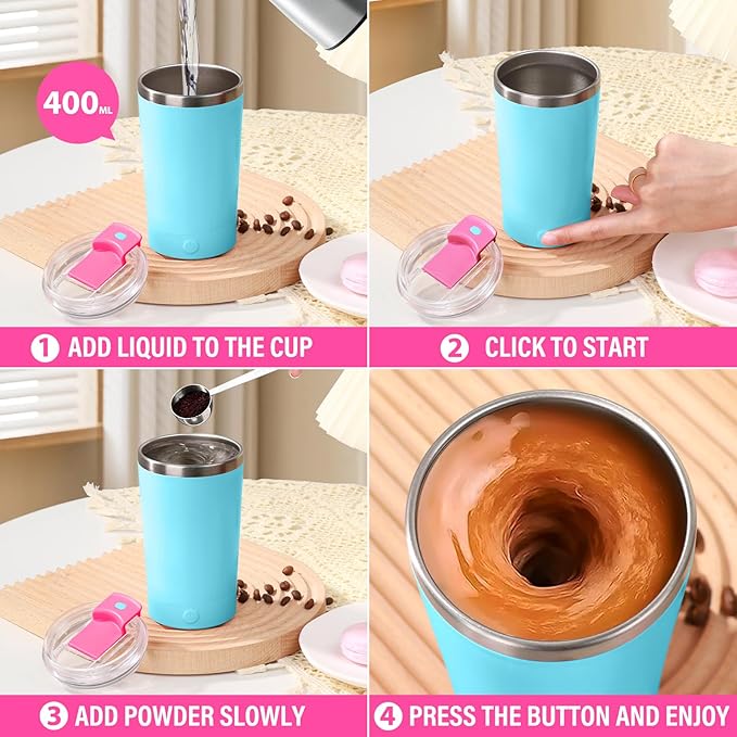 hatisan Self Stirring Coffee Mug With Lid Electric High Speed Self Stirring Mug 400ml Rechargeable Detachable Stainless Steel Self Stirring Cup for Coffee, Milk, Cocoa Christmas Gift(Green)