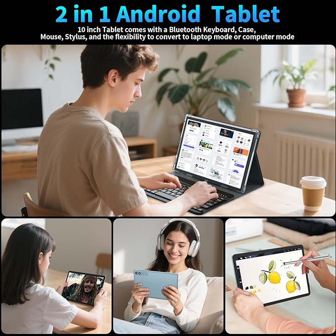 2026 10 Inch Tablet, Android 15 Tablet with Keyboard, 24GB+256GB+2TB Expand, 2-in-1 Tablets with 8-Core, 5G WiFi, 8000mAh, BT5.0, GMS, GPS, Gemini AI, Tablets PC with Mouse, Case, Stylus (Black)