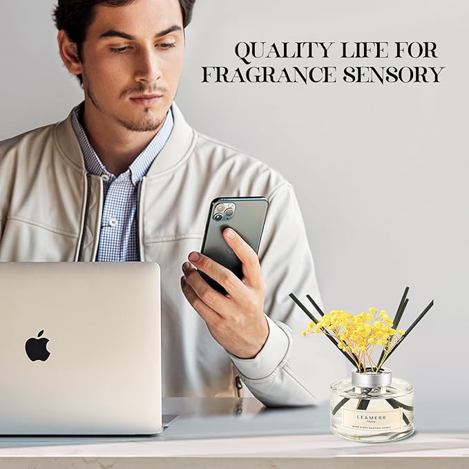 LEAMERR Reed Diffuser Sets Home Fragrance Essential Oil Diffuser Blue Bellflower Scent- 7 oz (210 ml) Fragrance Oil Diffuser for Bedroom Bathroom Home Décor Includes Reed Diffuser Sticks Scented Oils