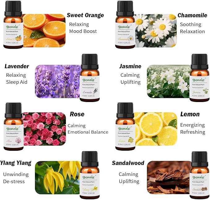 Dohale Essential Oils Set Acacia Wood Gift Box - Stress Relief Relax Soothe, Top 8 Aromatherapy Oils for Diffuser Hotel Scent Home Fragrance Candle Making - Chamomile, Lavender & More 10ml
