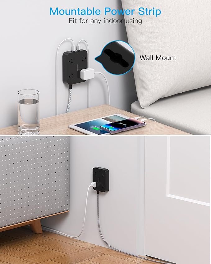 Black Flat Plug Extension Cord, HANYCONY 10ft Power Strip with 4 USB Ports(2 USB C), 4 Widely Outlets Extender, Wall Mount, Desk Charging Station for Office, Travel and Dorm Room Essentials