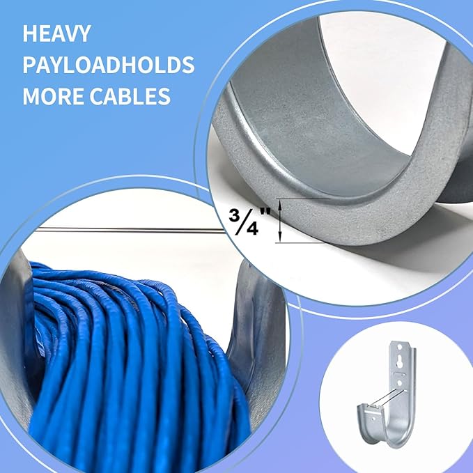 KUAGINZUHE 50 Pack 2-Inch Galvanized Steel Cable Support J-Hooks with Retainer Clips - Heavy Duty Wall Mount Cable Management Hooks for Structured Cabling & Organization