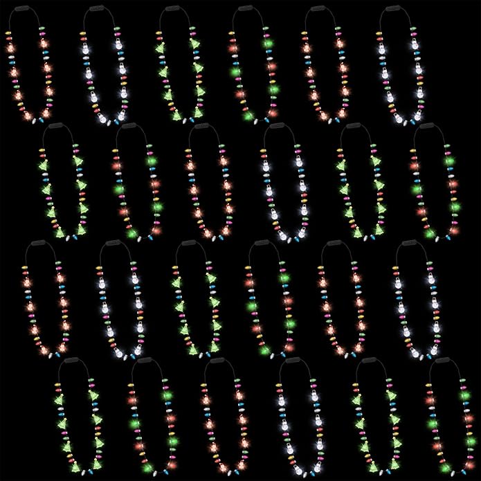 Christmas Neckalce Light up, 8 Lighting Bulbs Light Christmas Neckalce Bulk with 3 Glow Styles, Snowman Strawberry Santa Tree Neckalces for Xmas Party Decorations Favors