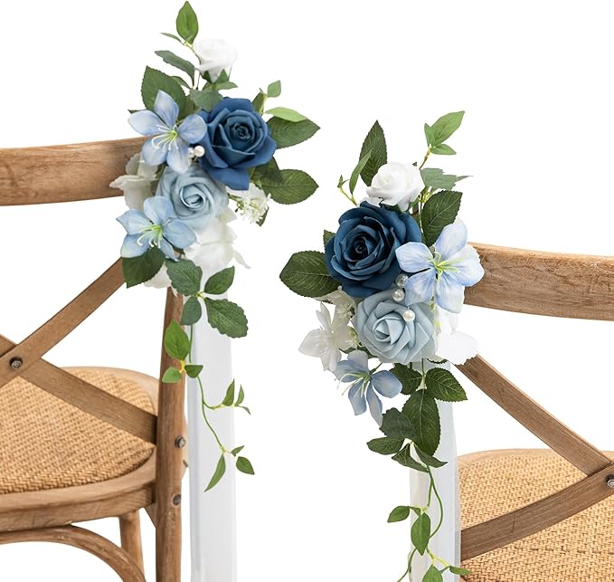 Ling's moment 8 Wedding Artificial Aisle Pew Flowers Chair Decorations Arrangements with Chiffon Ribbons Dusty Blue for Ceremony Reception Chair Back Floral Decor Reception Church Party Outdoor