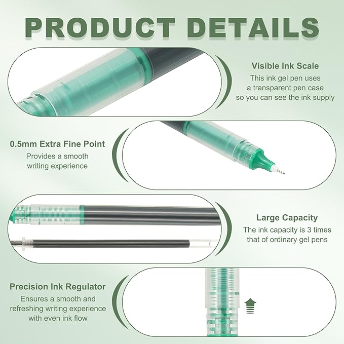 PATIKIL 6Pcs Colored Gel Ink Pens, 0.5mm Extra Fine Point Smooth Writing Japanese Quick Drying Liquid Ink Rollerball Pens for Office Stationery Classroom Teachers, Green