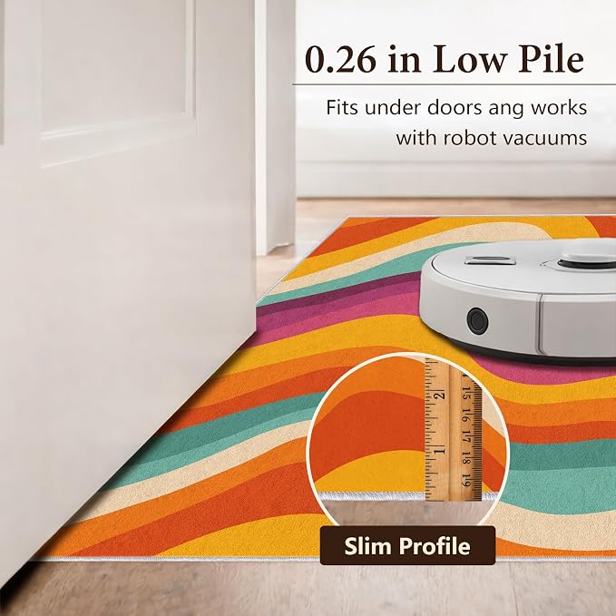 Retro 70s Area Rug 7x10, Mid Century Modern Abstract Wavy Carpet, Colorful Rainbow Swirl Rug for Living Room Bedroom Office, Non-Slip Washable Indoor Floor Mat