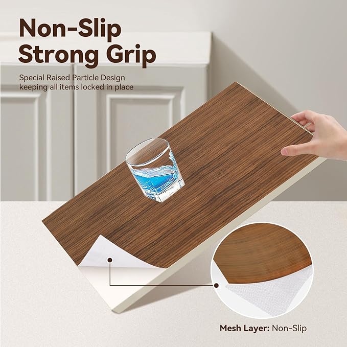 Drawer Shelf Liner for Kitchen Cabinets, Non Adhesive Slip Resistant Shelf Paper Easy to Clean, Strong Grip Thickened Waterproof Washable Mats for Pantry Shelves, Cupboard, Wood Grain, 24 in x 10 FT