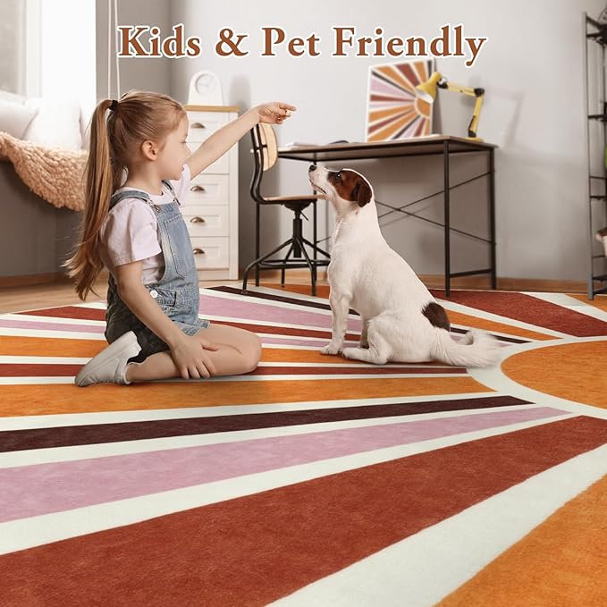 LIVEBOX Round Washable Rug 5.2ft Sun Circular Nursery Rug Girl for Kids Room, Soft Colorful Circle Rugs Cute for Girls Room, Non-Slip Cozy Retro Rainbow Round Rug for Classroom Play Room