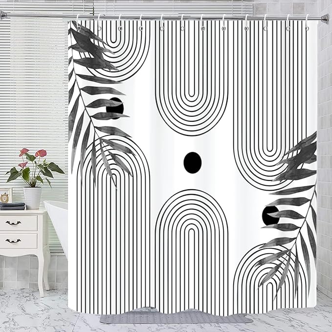 Boho Mid Century Modern Shower Curtain, Abstract Arch Leaf Minimalist Sun Black and White Machine Washable Waterproof Fabric for Bathroom Decor Bathtub with Hooks 72Wx84H