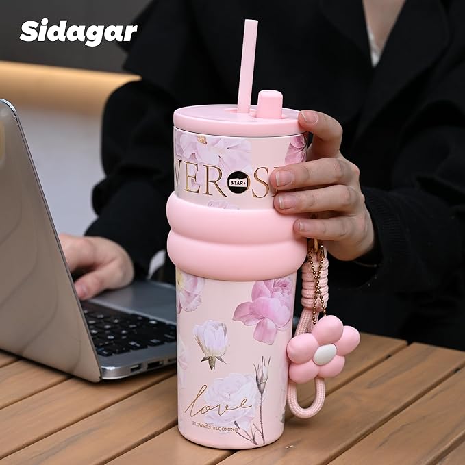 24 oz Stainless Steel Tumbler with Lid and Straw, Insulated Coffee Mug, Leak Proof, Portable Iced Travel Water Bottle, Reusable Thermal Coffee Cup, Floral Pink